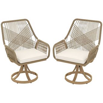 Set of 2 Outdoor Swivel Chairs with 360 Rotation, Woven Rattan Back, and Cushions