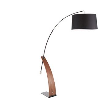 Loheer Mid Century Modern Arc Floor Lamp with Wood Accent Linen Shade
