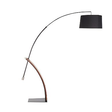 Loheer Mid Century Modern Arc Floor Lamp with Wood Accent Linen Shade