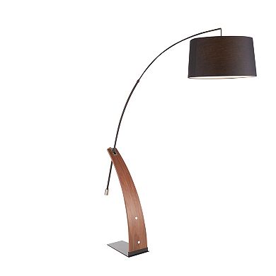 Loheer Mid Century Modern Arc Floor Lamp with Wood Accent Linen Shade