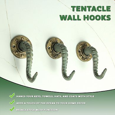 Verdigris Bronze Cast Iron Octopus Tentacle Wall Hook Nautical Set of 3