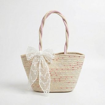 Women's Woven Straw Mini Tote Bag Lace Bow Accent Dual Top Handles Structured Design