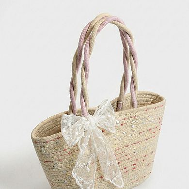 Women's Woven Straw Mini Tote Bag Lace Bow Accent Dual Top Handles Structured Design