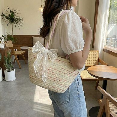 Women's Woven Straw Mini Tote Bag Lace Bow Accent Dual Top Handles Structured Design