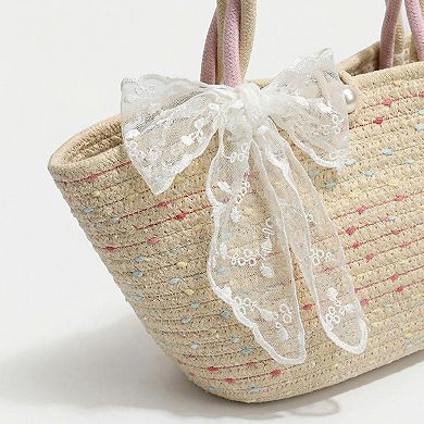 Women's Woven Straw Mini Tote Bag Lace Bow Accent Dual Top Handles Structured Design