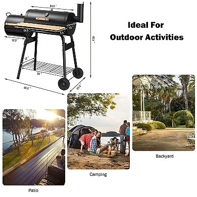 Backyard Charcoal BBQ Grill with Firebox, Thermometer and Rolling Wheels