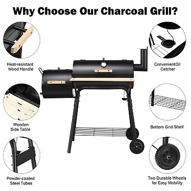 Backyard Charcoal BBQ Grill with Firebox, Thermometer and Rolling Wheels