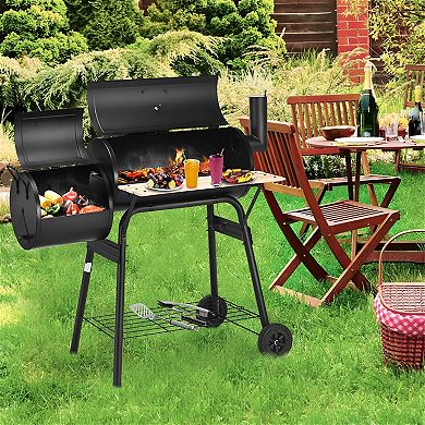 Backyard Charcoal BBQ Grill with Firebox, Thermometer and Rolling Wheels