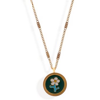 Women's Gold Tone Chain Fashion Necklace with Green Enamel Flower Pendant