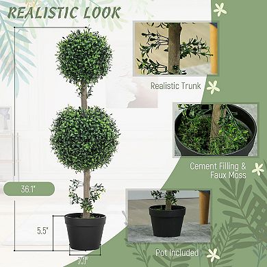 Set of 2 Artificial Boxwood Topiary Plants with Pot for Indoor Outdoor Use