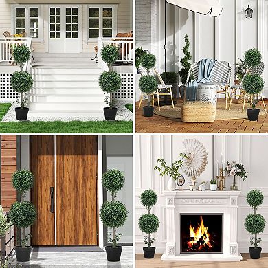 Set of 2 Artificial Boxwood Topiary Plants with Pot for Indoor Outdoor Use