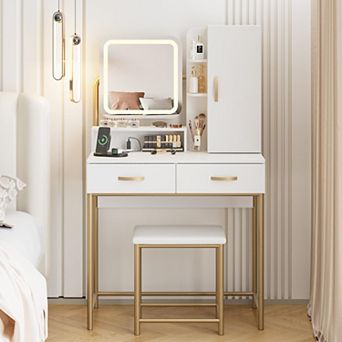 Vanity Desk with Mirror & Lights, Makeup Table with 2 Drawers, Charging Station & Jewelry Storage