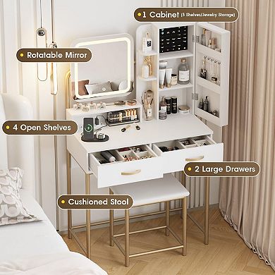 Vanity Desk with Mirror & Lights, Makeup Table with 2 Drawers, Charging Station & Jewelry Storage