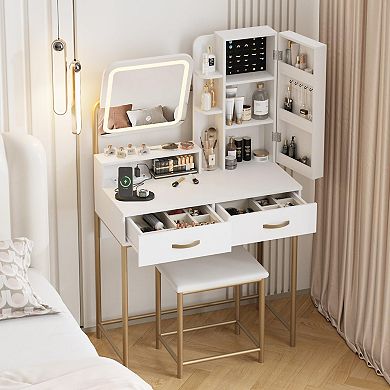 Vanity Desk with Mirror & Lights, Makeup Table with 2 Drawers, Charging Station & Jewelry Storage
