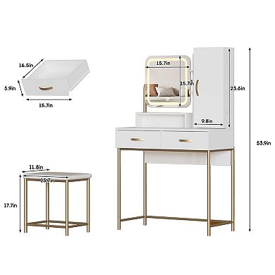 Vanity Desk with Mirror & Lights, Makeup Table with 2 Drawers, Charging Station & Jewelry Storage