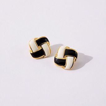 Women's Interlocking Enamel Square Stud Earrings with Gold Tone Frame and Classic Two-Tone Design