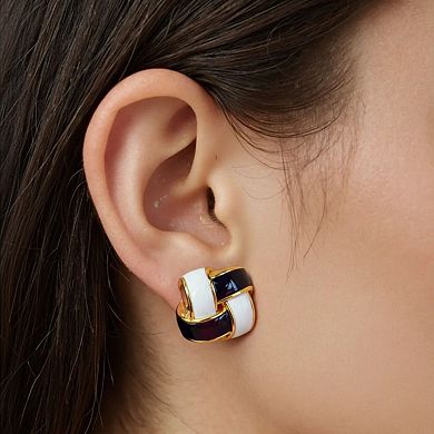 Women's Interlocking Enamel Square Stud Earrings with Gold Tone Frame and Classic Two-Tone Design