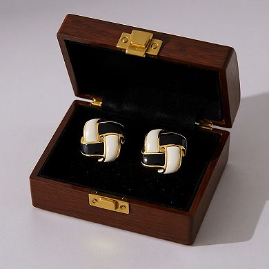 Women's Interlocking Enamel Square Stud Earrings with Gold Tone Frame and Classic Two-Tone Design