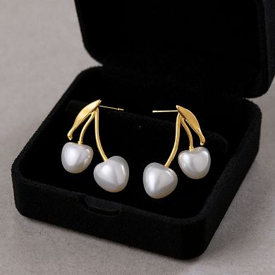 Women's Cherry Drop Earrings with Sculpted Heart-Shaped Fruit Charms and Delicate Leaf Accents