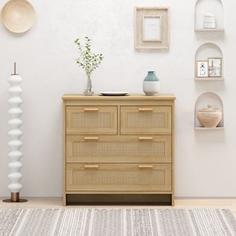 Loheer Rattan Cabinet 4 Drawers Natural Woven Storage Chest for Bedroom Livingroom Hallway Organizer