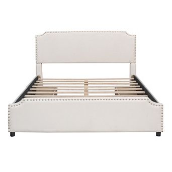 Loheer Upholstered Platform Bed with Stud Trim and Four Storage Drawers