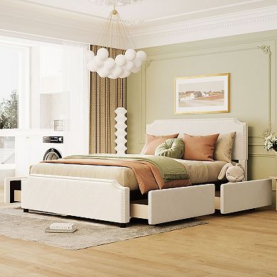Loheer Upholstered Platform Bed with Stud Trim and Four Storage Drawers