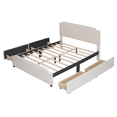 Loheer Upholstered Platform Bed with Stud Trim and Four Storage Drawers