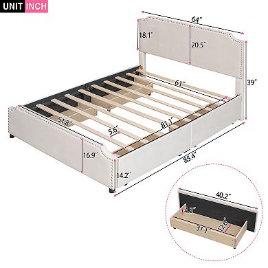 Loheer Upholstered Platform Bed with Stud Trim and Four Storage Drawers