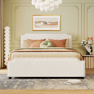 Loheer Upholstered Platform Bed with Stud Trim and Four Storage Drawers