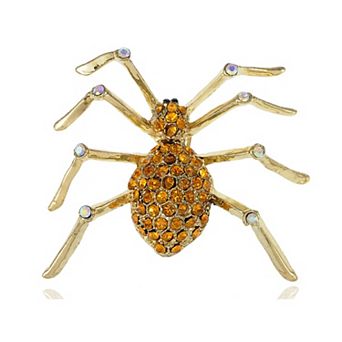 Topaz Colorful Crystal Rhinestones Golden Tone Spider Halloween Pin Brooch