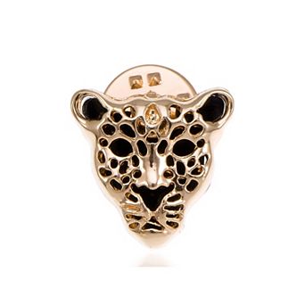 Contemporary Inspired Golden Tone Black Enamel Leopard Face Pin Brooch