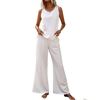 Women 2 pc Pant Sets Hollow Out Sleeveless Crew Neck Top and High Waist Pants Lounge Set