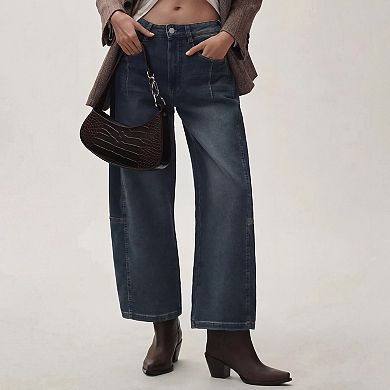 Women Casual Wide Leg Jeans Stretch Button Loose Denim Pants