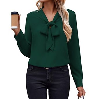 Zeagoo White Blouse for Women Long Sleeve Work Casual Chiffon Tops Bow Tie Ladies Business Shirts