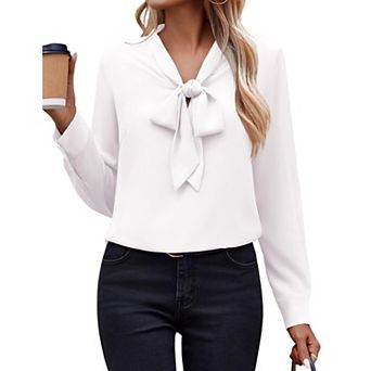Zeagoo White Blouse for Women Long Sleeve Work Casual Chiffon Tops Bow Tie Ladies Business Shirts