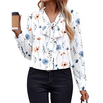 Zeagoo White Blouse for Women Long Sleeve Work Casual Chiffon Tops Bow Tie Ladies Business Shirts