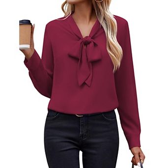 Zeagoo White Blouse for Women Long Sleeve Work Casual Chiffon Tops Bow Tie Ladies Business Shirts