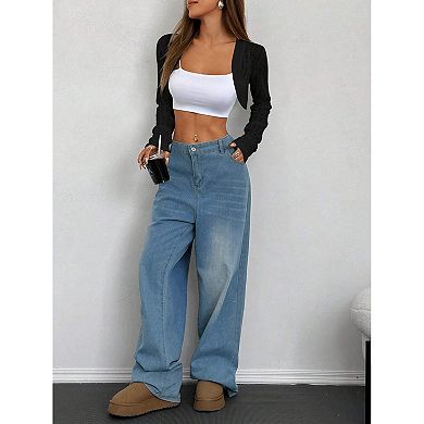 Women Cropped Cardigan Knit Lightweight Long Sleeve Shrug