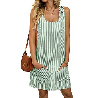 Women's Casual Striped Sleeveless Overall Dress, Button Pocket Round Neck Mini Dress