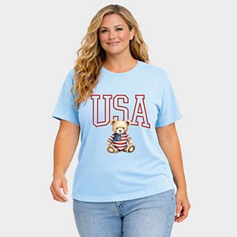 USA Bear - Women's Plus Sized Garment Dyed Graphic T-Shirt