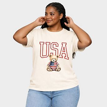 USA Bear - Women's Plus Sized Garment Dyed Graphic T-Shirt