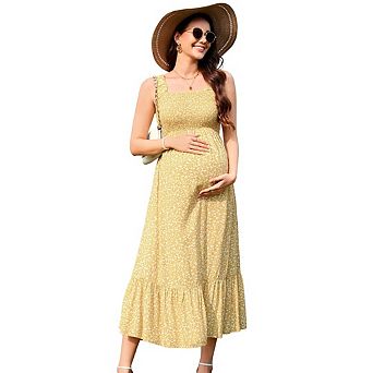 Women's Maternity Dress Elastic Band Square Neck Printed Ruffle Midi Dress Baby Show Casual Wear