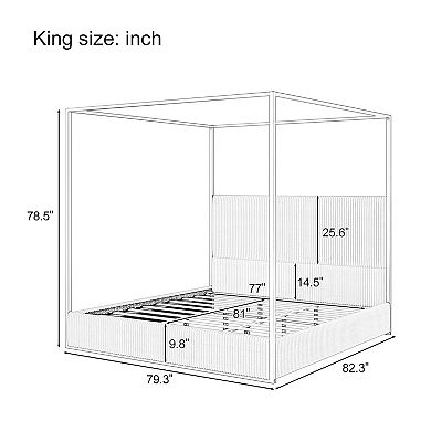 Pnronnc Canopy Frame Wingback Bed Four Poster Platform Bed with Tall Corduroy Upholstered Headboard