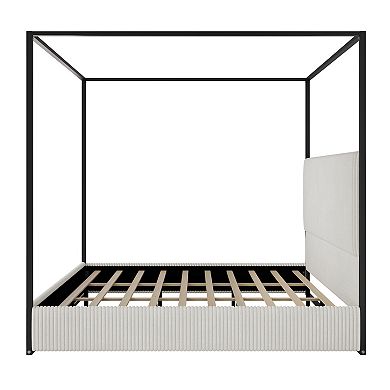 Pnronnc Canopy Frame Wingback Bed Four Poster Platform Bed with Tall Corduroy Upholstered Headboard