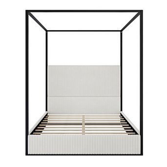 Pnronnc Canopy Frame Wingback Bed Four Poster Platform Bed with Tall Corduroy Upholstered Headboard