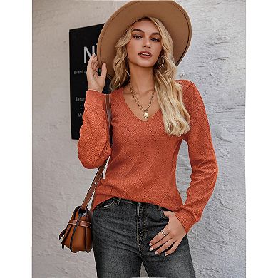 Zeagoo Women's Long Sleeve V Neck Knit Pullover Lightweight Crochet Casual Sweater Tops