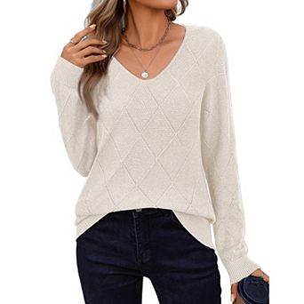 Zeagoo Women's Long Sleeve V Neck Knit Pullover Lightweight Crochet Casual Sweater Tops