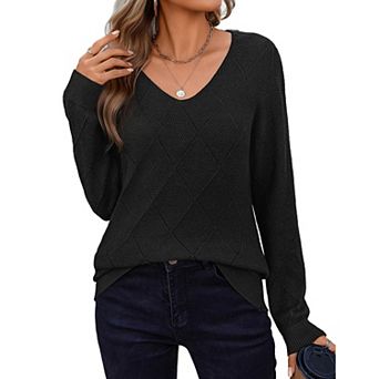 Zeagoo Women's Long Sleeve V Neck Knit Pullover Lightweight Crochet Casual Sweater Tops