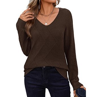 Zeagoo Women's Long Sleeve V Neck Knit Pullover Lightweight Crochet Casual Sweater Tops