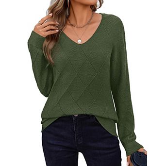 Zeagoo Women's Long Sleeve V Neck Knit Pullover Lightweight Crochet Casual Sweater Tops